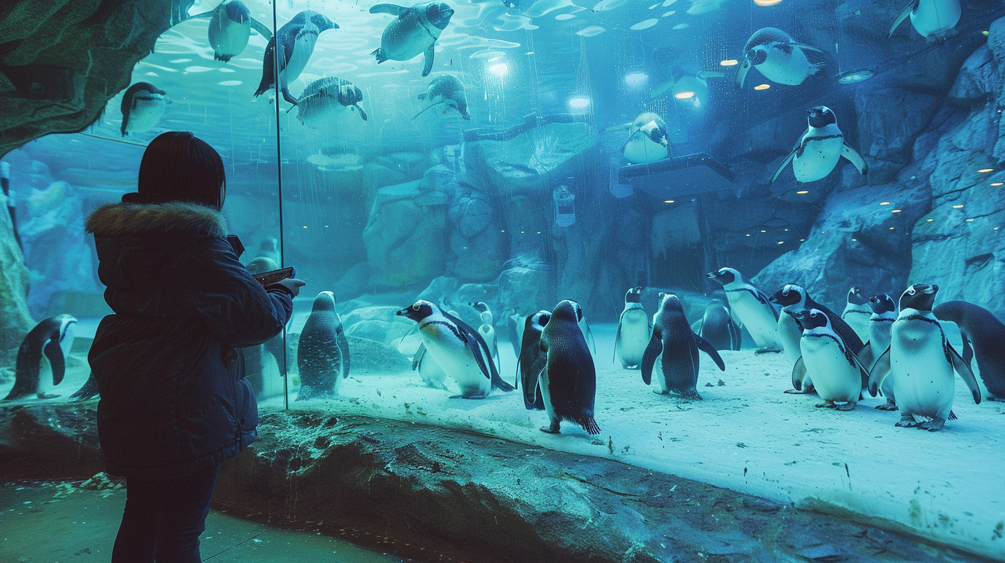 A visitor observes playful penguins swimming and waddling in a vibrant aquarium habitat, surrounded by rocky formations.